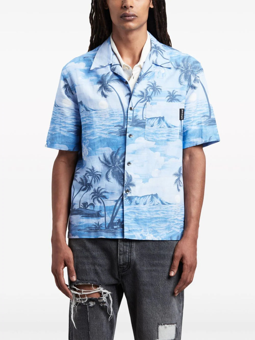 Sunset-print linen-blend shirt