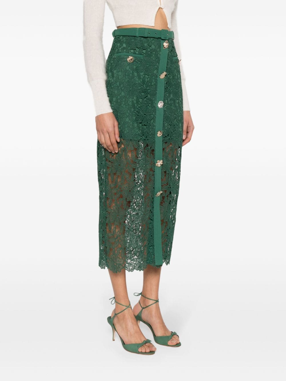 GREEN GUIPURE LACE MIDI SKIRT