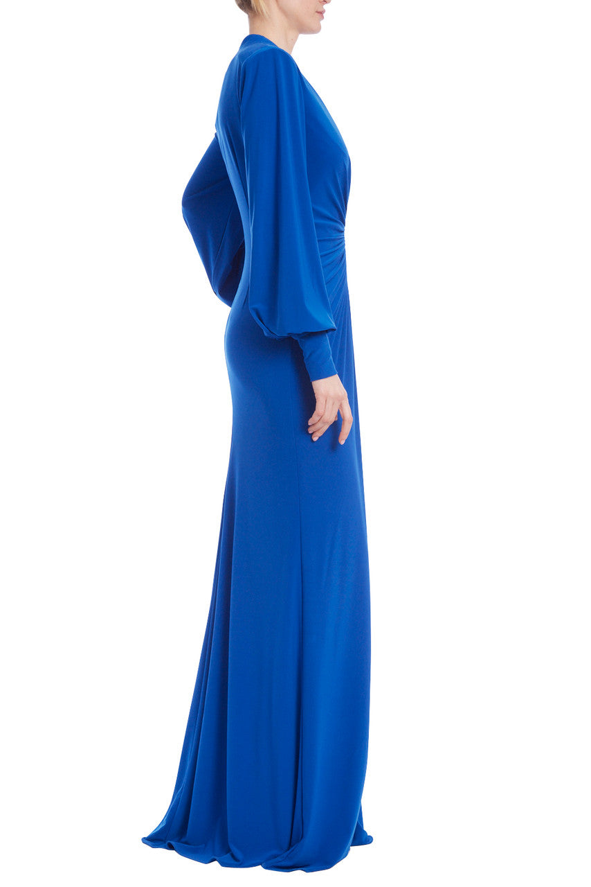 Balloon Sleeve V-Neck Gown with Rouched Bodice