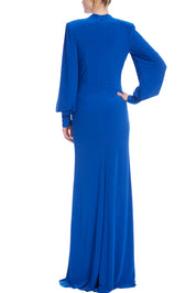 Balloon Sleeve V-Neck Gown with Rouched Bodice