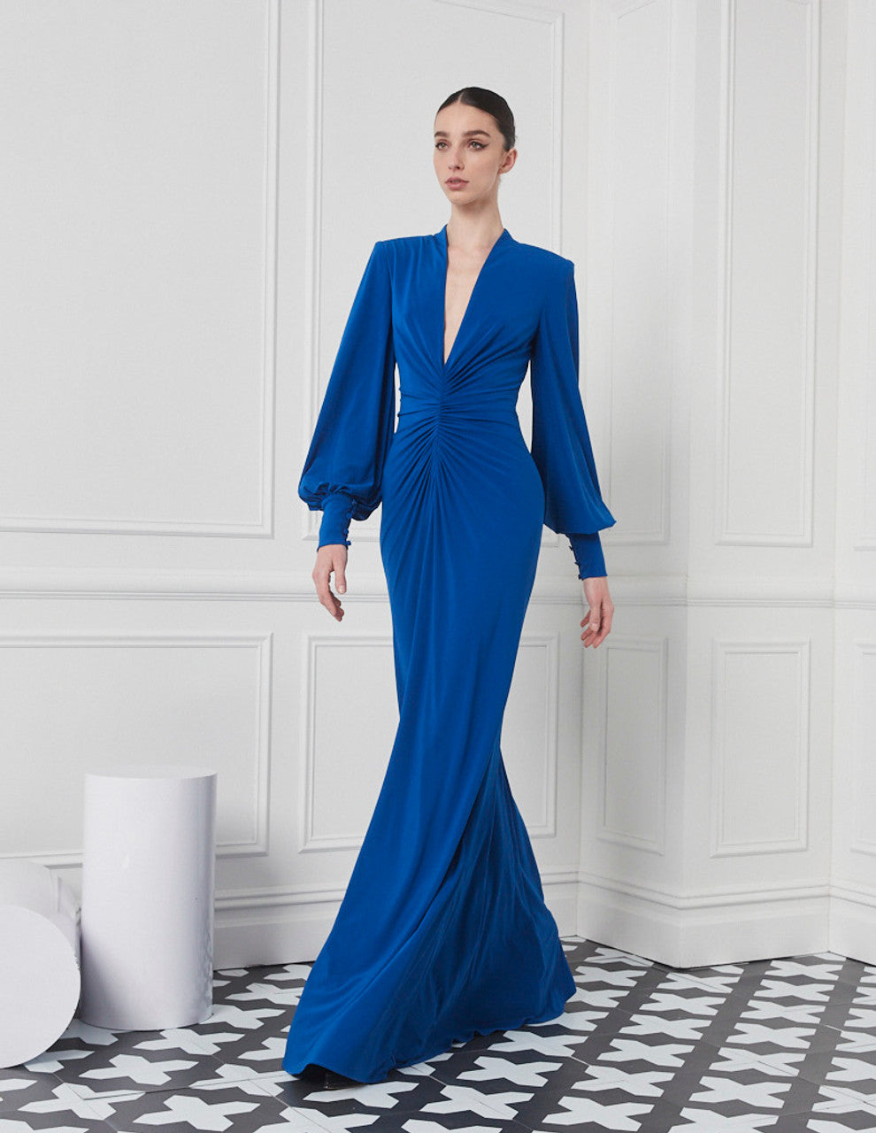 Balloon Sleeve V-Neck Gown with Rouched Bodice